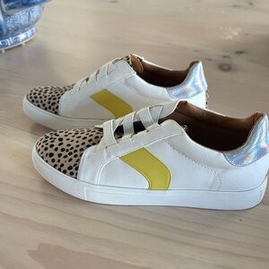Dolce Vida White Leather Sneakers with Yellow Accent & Leopard Toe
